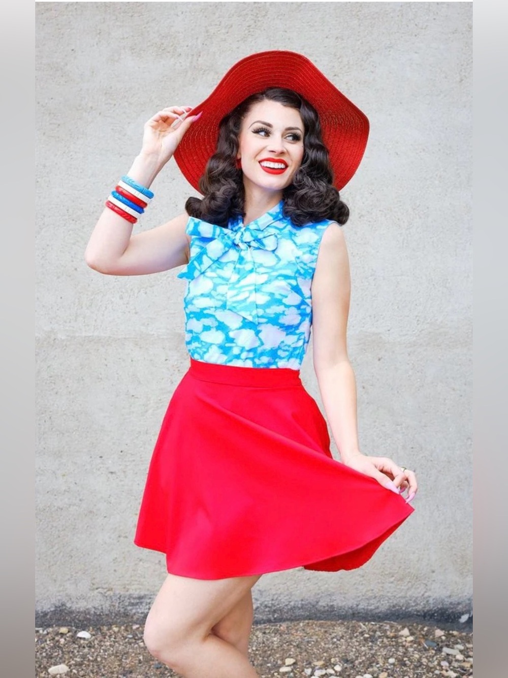 Retrolicious Blue Cloud Print Bow Blouse with Red Accents
